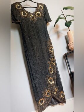 Laurence Kazar Vintage Beaded Silk Maxi Dress Black Gold Floral Sequin M